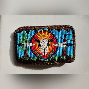 Vintage Native American Beaded Rosette Arrow Belt Buckle Handmade Leather